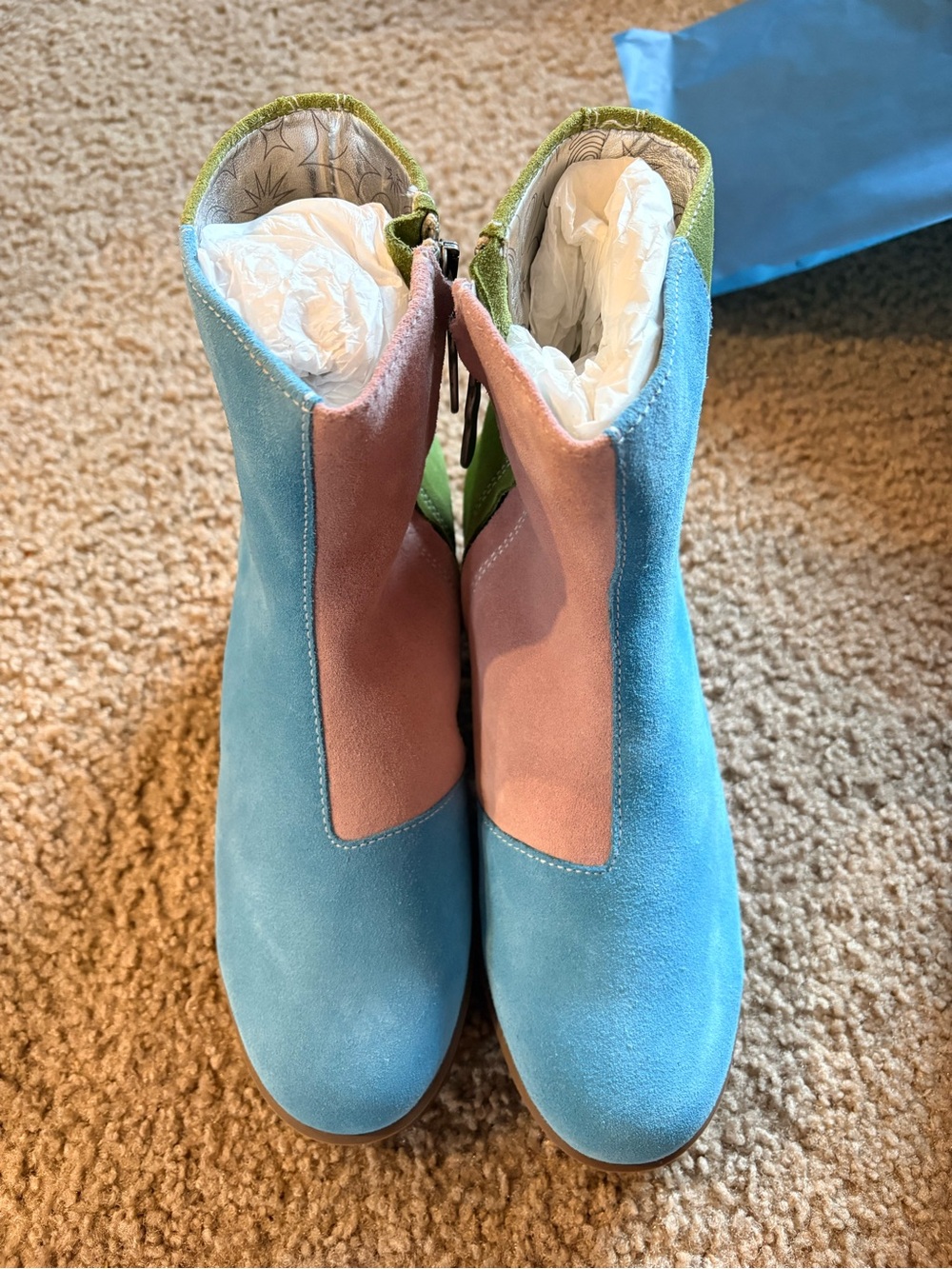 Lazo pink blue and green color block Suede Boots New in box